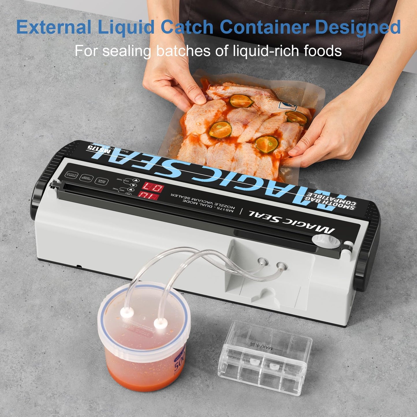 MAGIC SEAL Nozzle Vacuum Sealer Machine for Mylar bags & Smooth Flat Bags - 220W Food Sealer with Adjustable Air & Seal Settings, Auto/Manual Modes (Not for Textured) -MS175