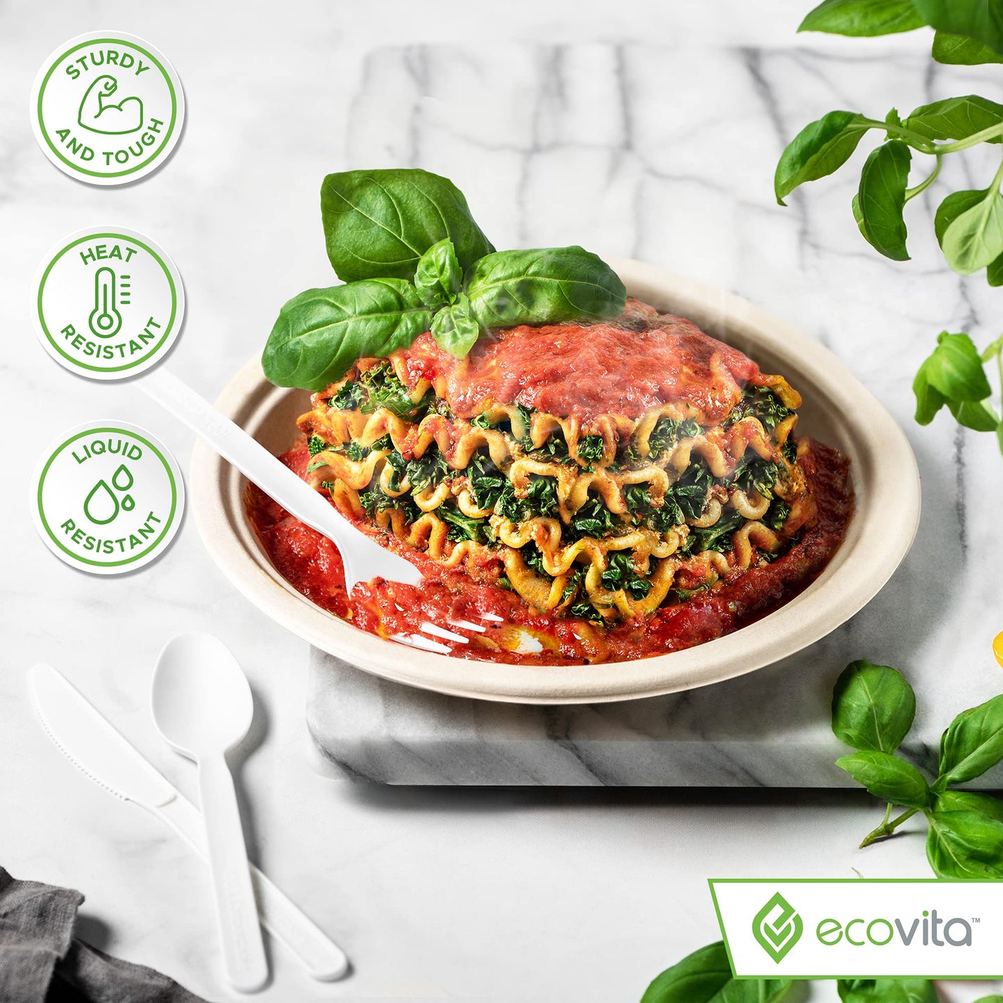 Ecovita 100% Compostable Knives - 500 Large Disposable Utensils (7 in.) Bulk Size Eco Friendly Durable and Heat Resistant Alternative to Plastic Knives with Convenient Tray