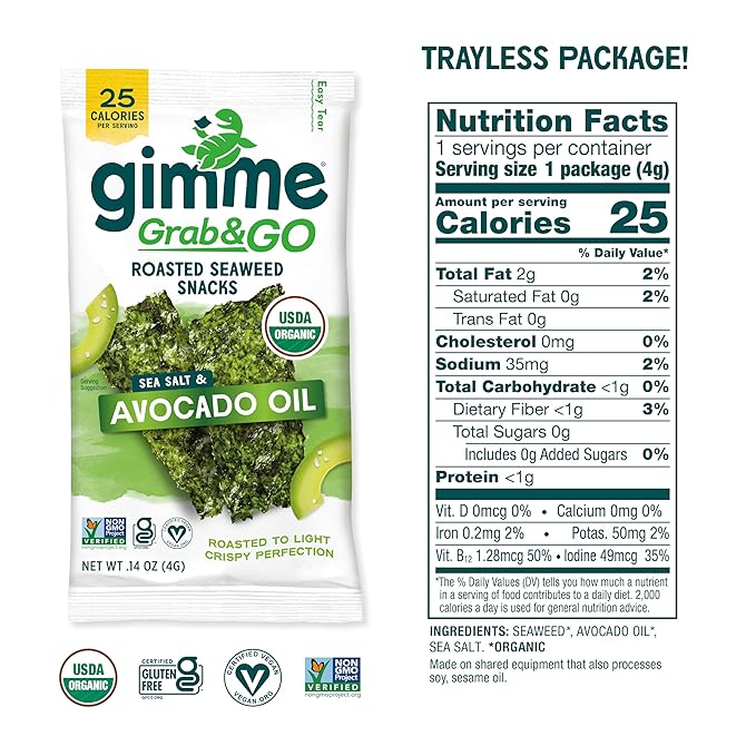 Gimme Seaweed Grab & Go Organic Premium Roasted Seaweed Snacks, Sea Salt & Avocado Oil, 5 Count Trayless, Keto, Vegan, Gluten-Free, Source of Omega3s, Healthy On-The-Go Snack for Kids & Adults