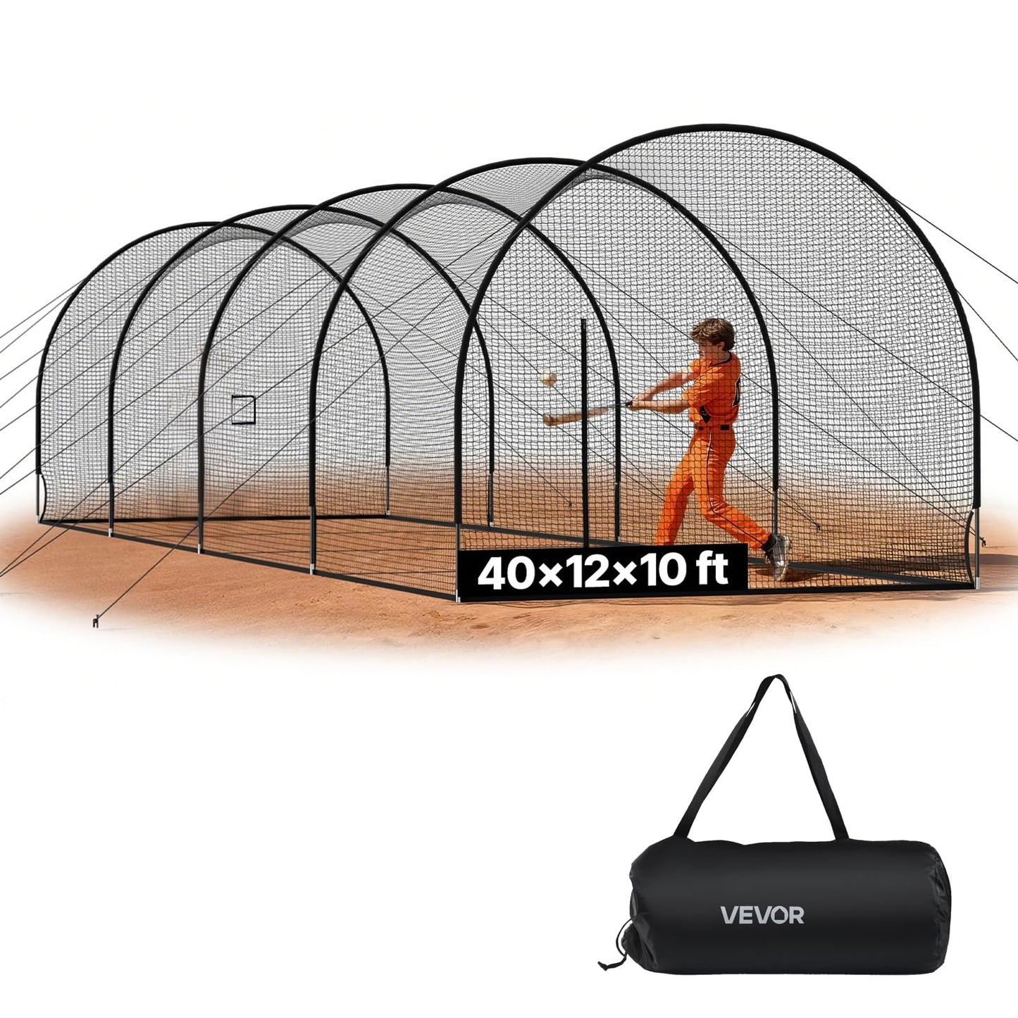 VEVOR Baseball Batting Cage, 40.0 x 12.1 x 10.0 FT Fiberglass Portable Batting Cage, Hitting Cages with 4-Ply Knotless Polyester & Pitching Machine Opening, Battings Cages Netting for Indoor Outdoor