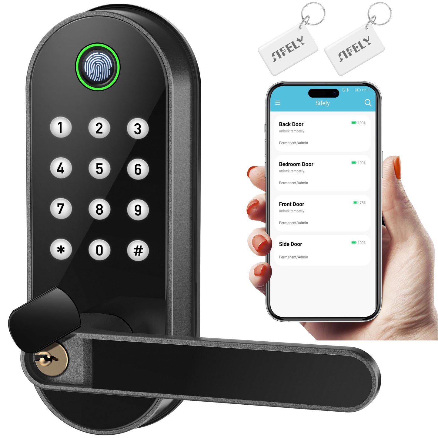 Fingerprint Smart Door Lock with Handle & Keypad – Bluetooth Keyless Entry for Front Door, Home, Kids, Guests, Airbnb & Rental, App + Code Access, Compatible with Alexa & Google, Easy DIY Install