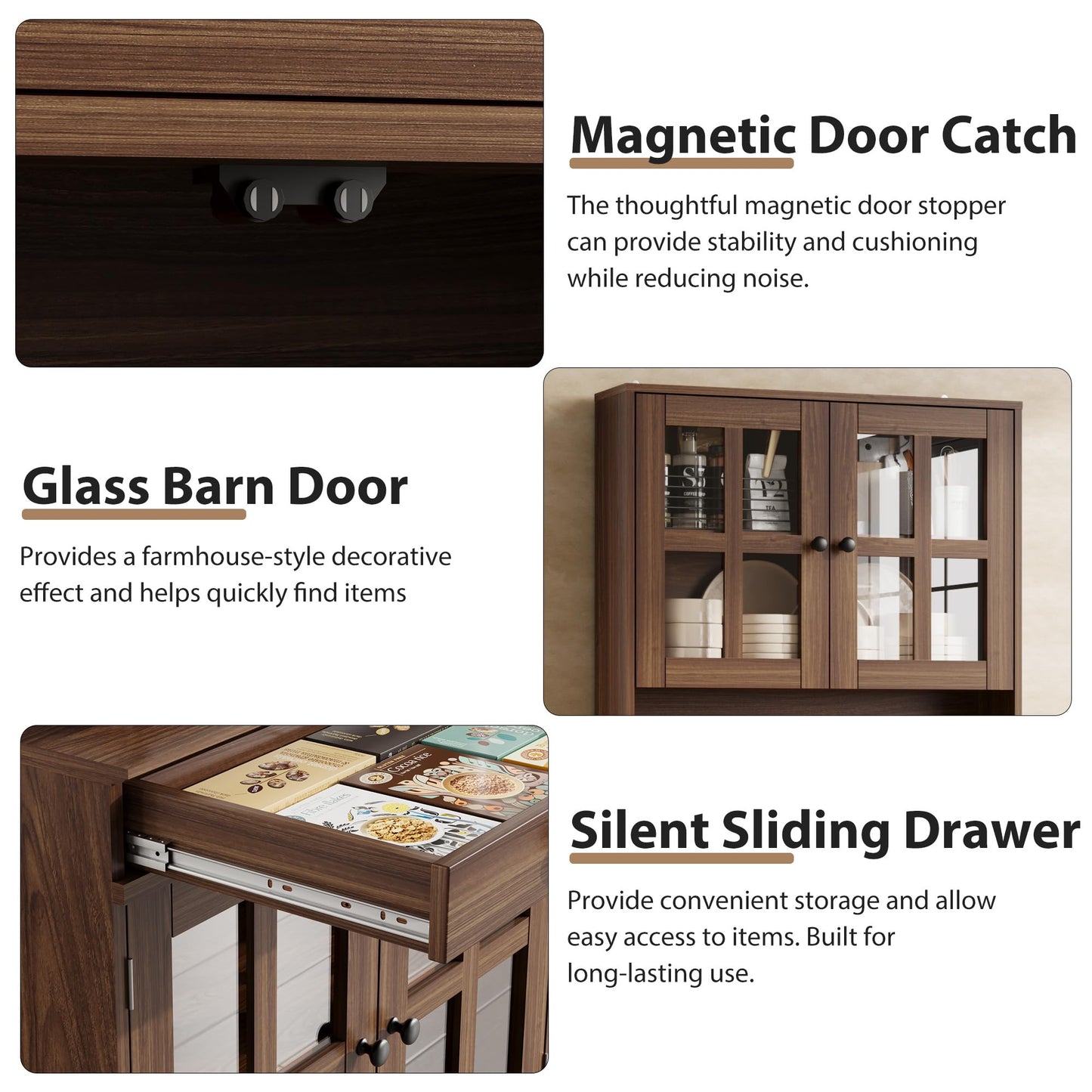 Garvee 72 Inch Kitchen Pantry Cabinet with Glass Doors, Drawer and Adjustable Shelves, Farmhouse Tall Storage Cabinet with Open Countertop, Coffee Bar Cabinet for Coffee Corner, Walnut