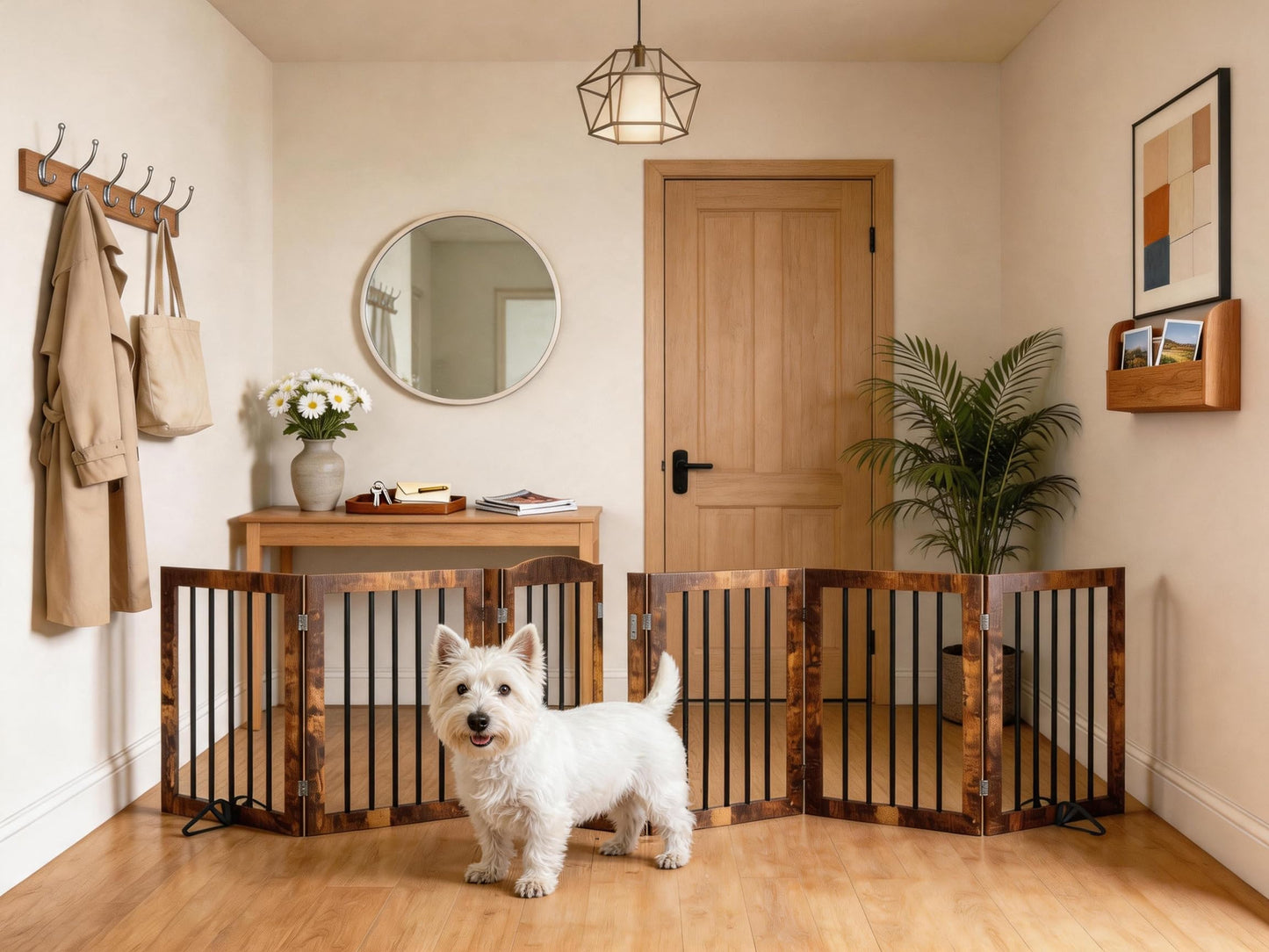 Vantas Folding Pet Gate 120" Wide, 30" Tall No-Assembly Wooden Dog Gate with Door Walk Through, Freestanding Puppy Safety Fence, with 2PCS Support - Rustic Brown
