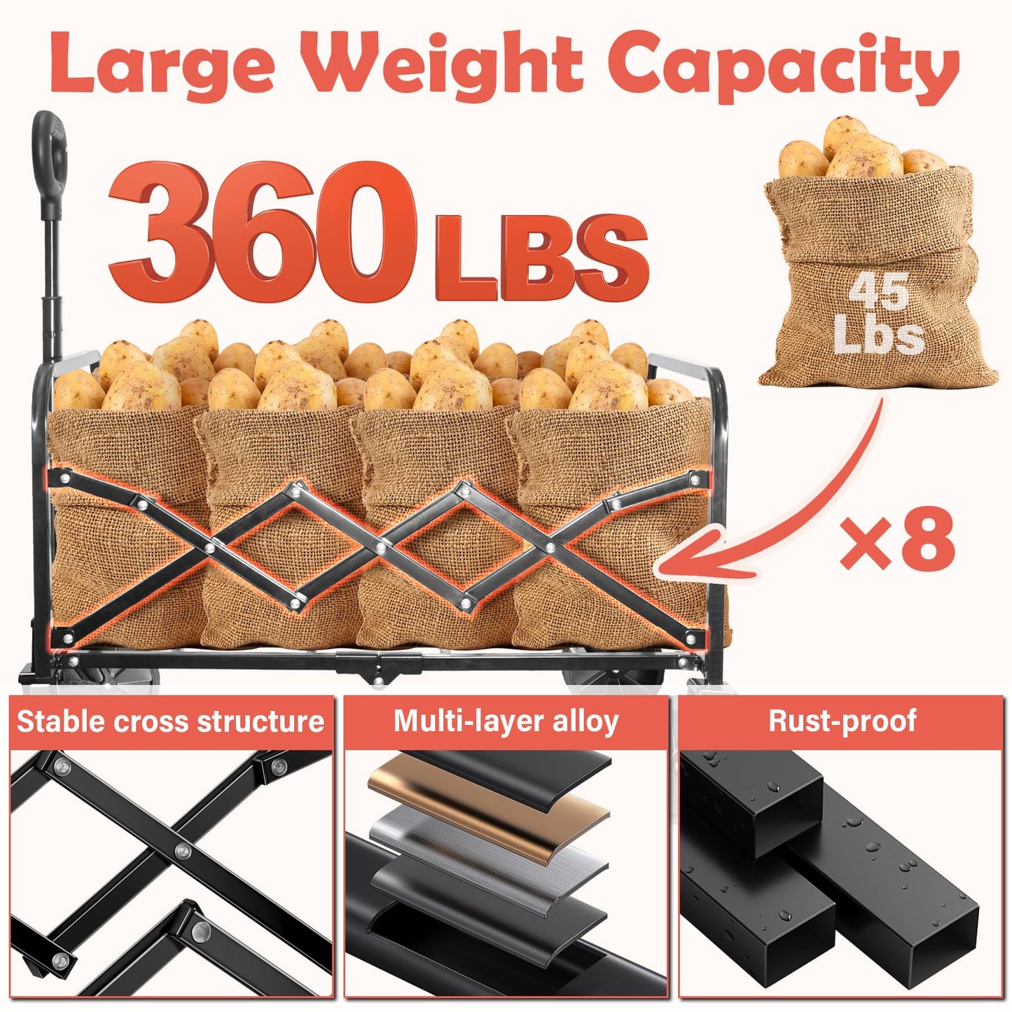 Wagons Carts Foldable, 360 Lbs with Adjustable Handle, Black Lightweight Portable, Collapsible Wagon for Camping, Shopping, Sports, Travel, Garage and Gardening Storage with Drink Holders