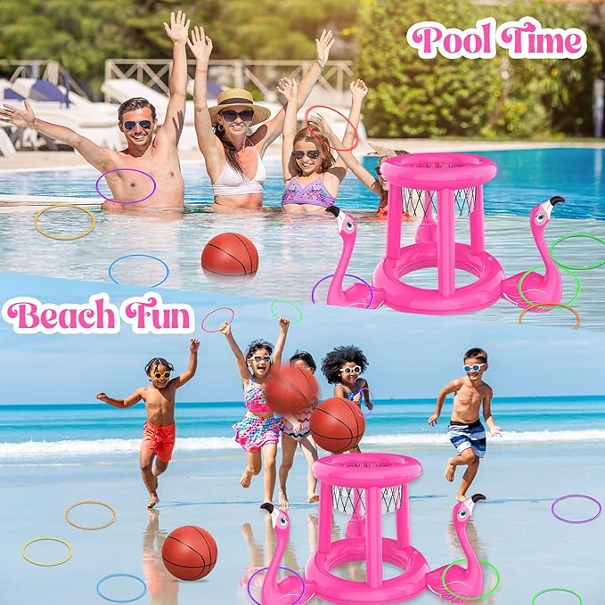 Pool Floats Toys Set, 2-in-1 Floating Basketball Hoops & Pool Ring Toss, Fun Summer Water Games for Kids Ages 8-12
