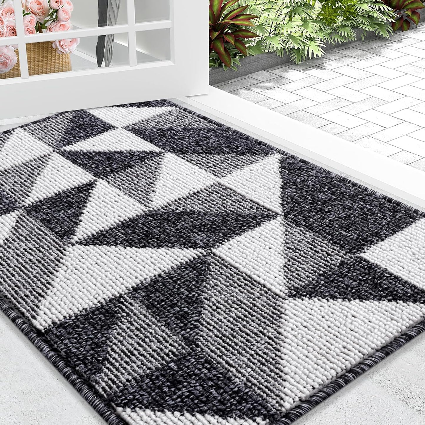 OLANLY Indoor/Outdoor Door Mat Set - Black Geometric Design (29.5x17 in & 32x20 in)
