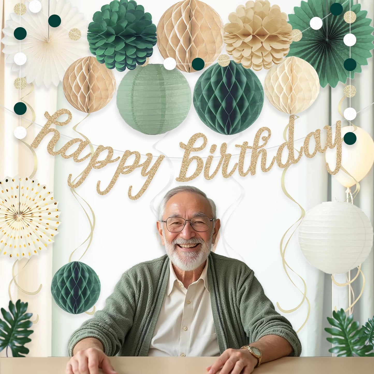 Sage Green Happy Birthday Decorations, Pre-Strung Happy Birthday Banner with Honeycomb Balls, Paper Flowers, Lanterns, Hanging Swirls, Circle Dots Garland for Birthdays Party Decorations 24pcs