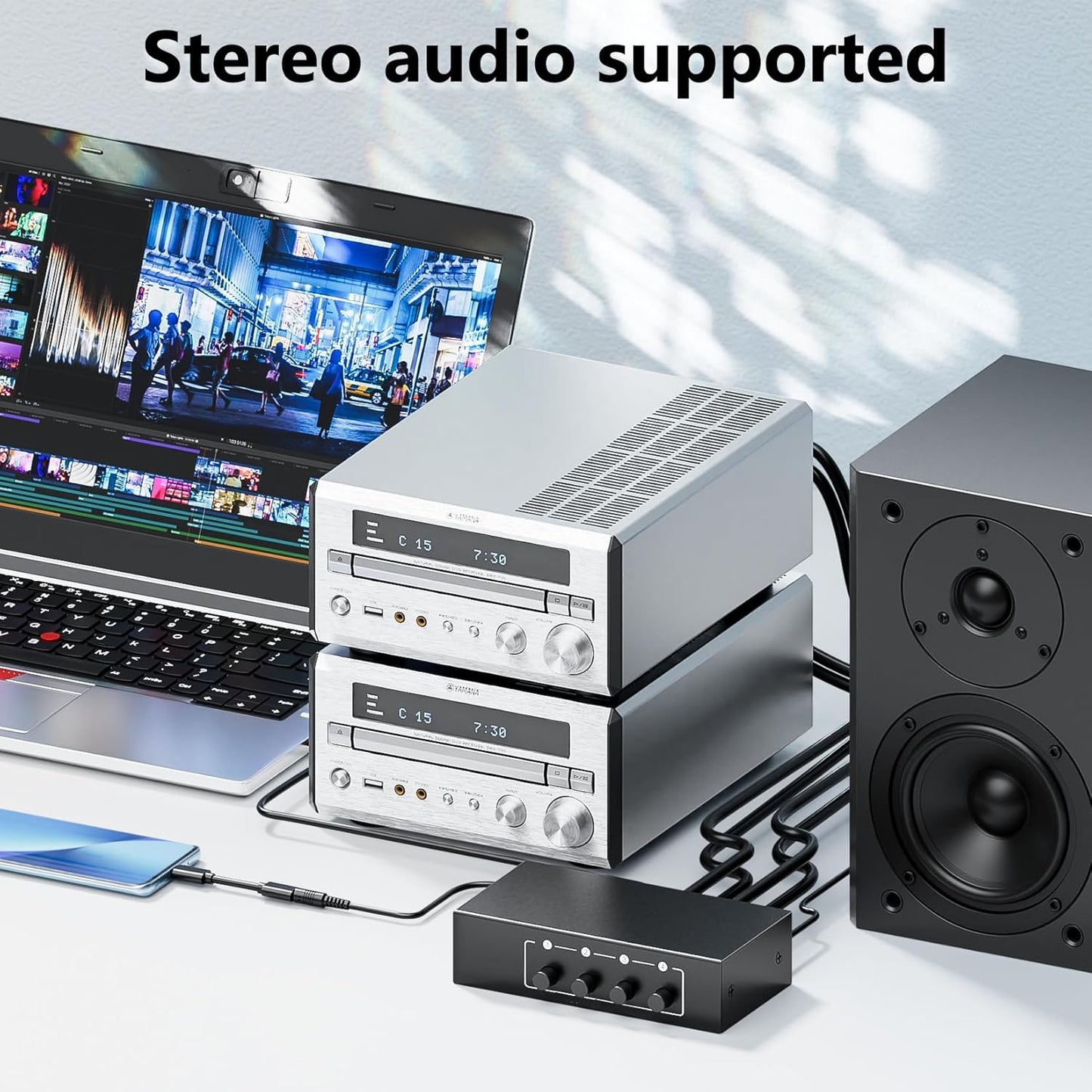 BolAAzuL 3.5mm 1 4 4-Way 4-Channel 1x4 Aux + RCA L/R Audio Splitter in Out, Stereo Audio Distributor Box Stereo RCA