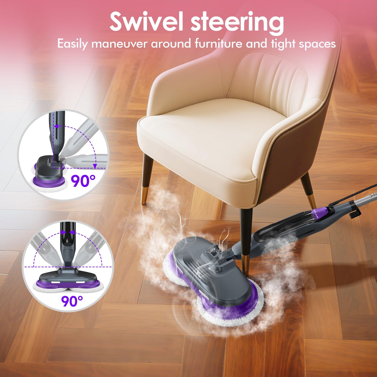 BOJUK Scrub & Steam Mop with Rotating Mop Pads, 4 Cleaning Modes & LED Headlights, 6 Scrub Pads, Large Tank, Swivel Steering, All-in-One Hard Floor Cleaner