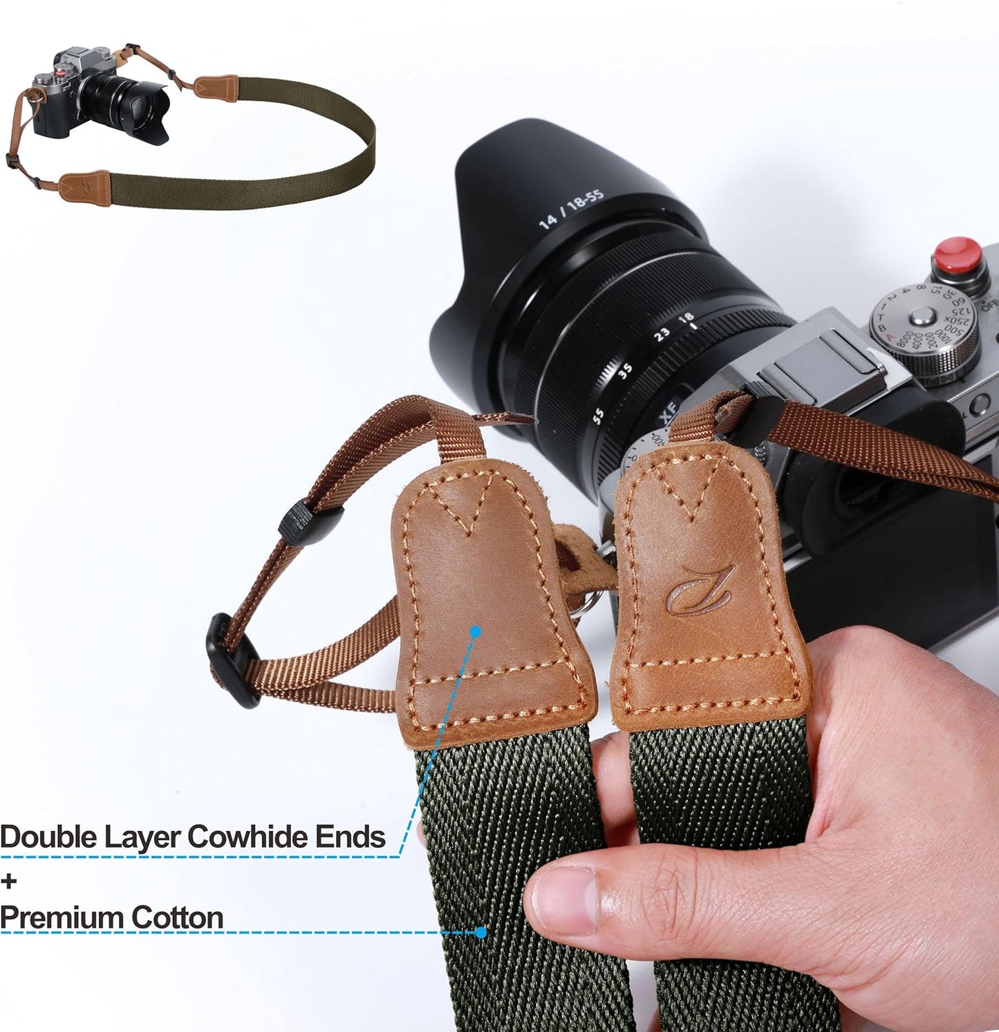 Ends,1.5"Wide Olive Green Camera Strap,Double Layer top-grain Cowhide Pure Cotton Woven Camera Strap,Adjustable