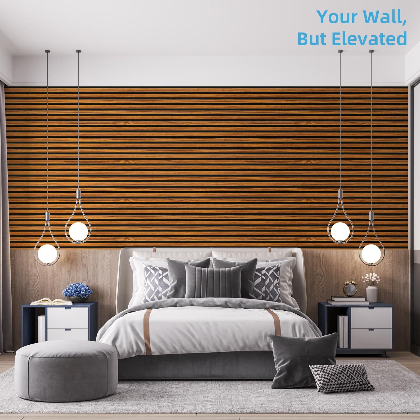 Art3d 4-Piece 94 x 12.6 Inch Acoustic Lightweight Slat Wall Panel - Waterproof Wood Textured Wainscoting Panel of 33 Sq.Ft for Bedroom, Home Theater Office Accent Wall, Teak