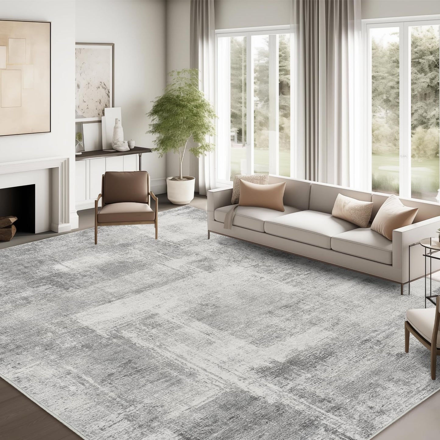 zesthome 5x7 Area Rugs - Stain Resistant Washble Rug, Modern Abstract Rugs for Living Room, Bedroom, Super Soft Area Rug, Low Pile, Entryway Rug (Grey/Ivory, 5'x7')
