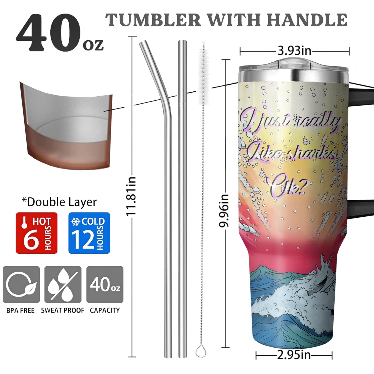 Ksoemar 40 Oz Shark Tumbler with Handle and Straw, Double Wall Stainless Steel Shark Cup, Sharks Coffee Mug Keeps Drinks Cold & Hot Gifts for Women Men Friends for Birthday, Chrismas, Thanksgiving