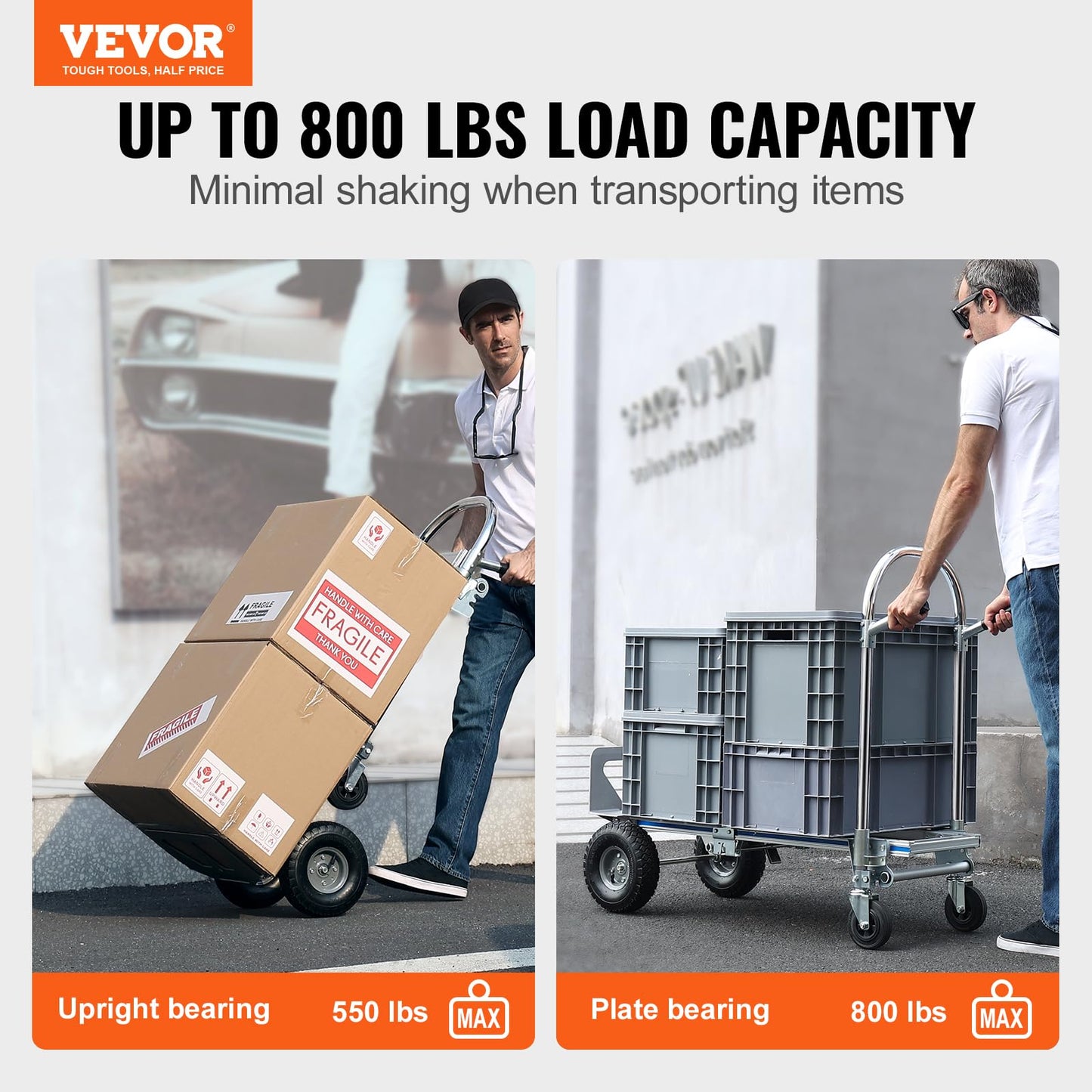 VEVOR Aluminum Truck, 2 in 1, 800 lbs Load Capacity, Heavy Duty Industrial Convertible Folding Hand Truck and Dolly, Utility Cart Converts from Hand Truck to Platform Cart with Rubber Wheels