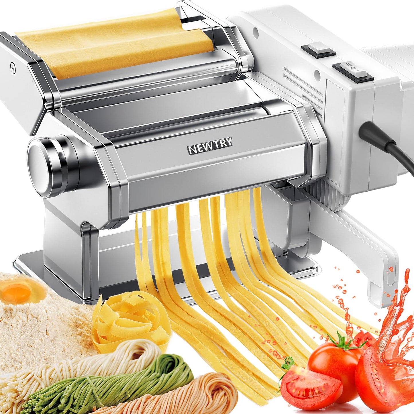 NEWTRY Electric Pasta Maker Machine Noodle Making Dough Roller Press with Detachable Motor 0.2-0.5mm Dough Sheet Thickness Adjustable 1.5mm Pasta 6mm Fettuccine Cutter 110volt for Home Use