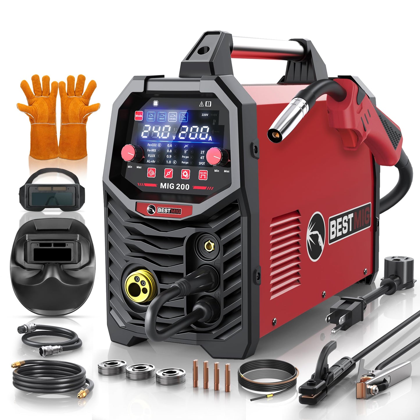 BESTMIG 200A MIG Welder - 6-in-1 IGBT Inverter Welding Machine, Gas/Gasless Flux Core, Stick, Lift TIG, Spot & Spool Gun - Portable 110V/220V Equipment