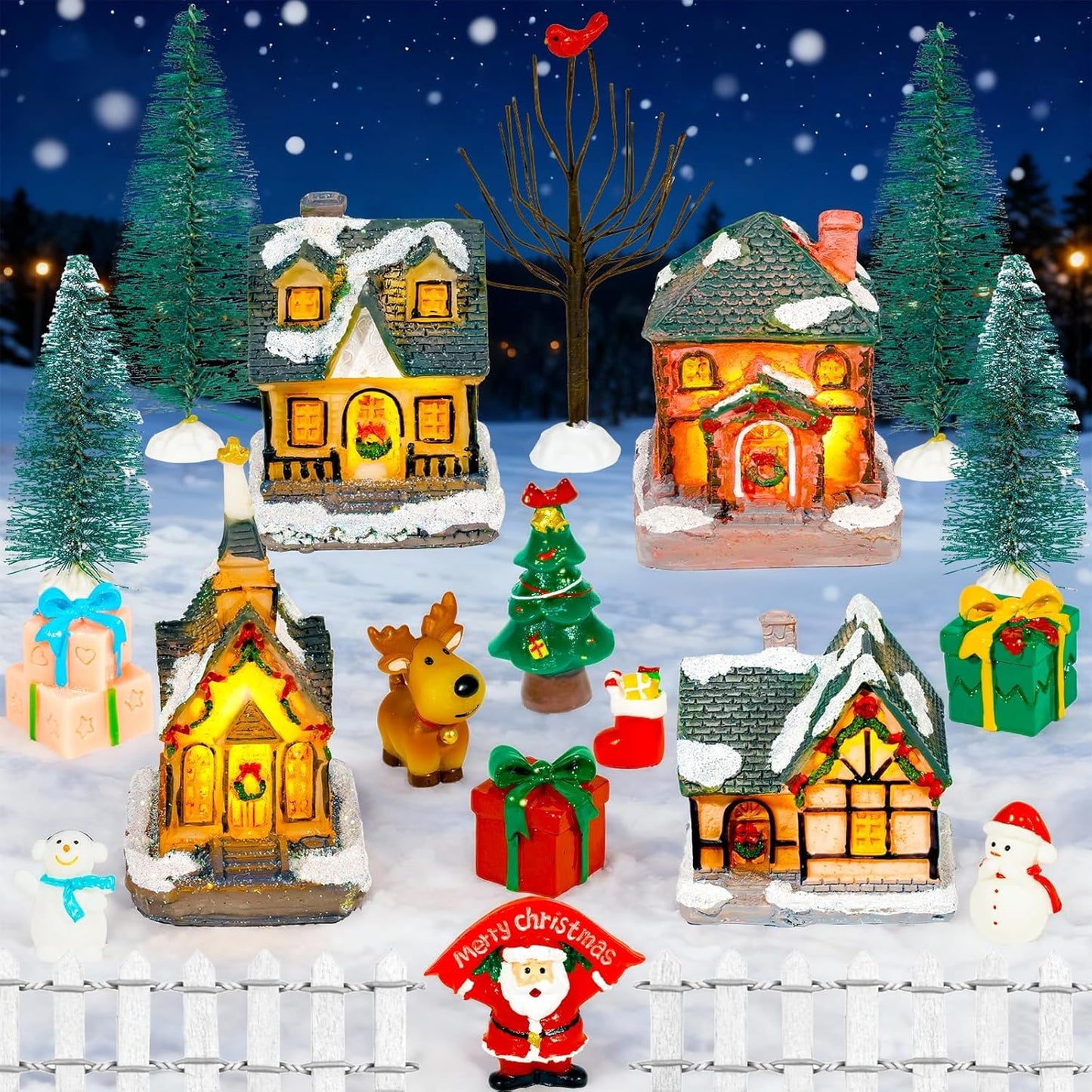 Warmtree Christmas Village Houses Set - 22 Pcs Resin Figurines with Santa, Tree & Picket Fence for Holiday Decor