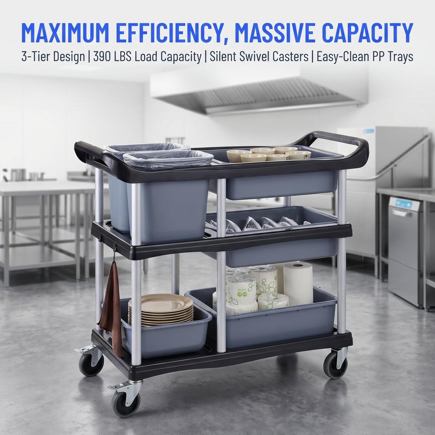Commercial Products Standard Bus Box/Utility Cart,Gray Large Bus Tub, Plastic, Heavy Duty Restaurant Wash Basin/Dish Washing Tub for Kitchen Organization/Storage (THA52)