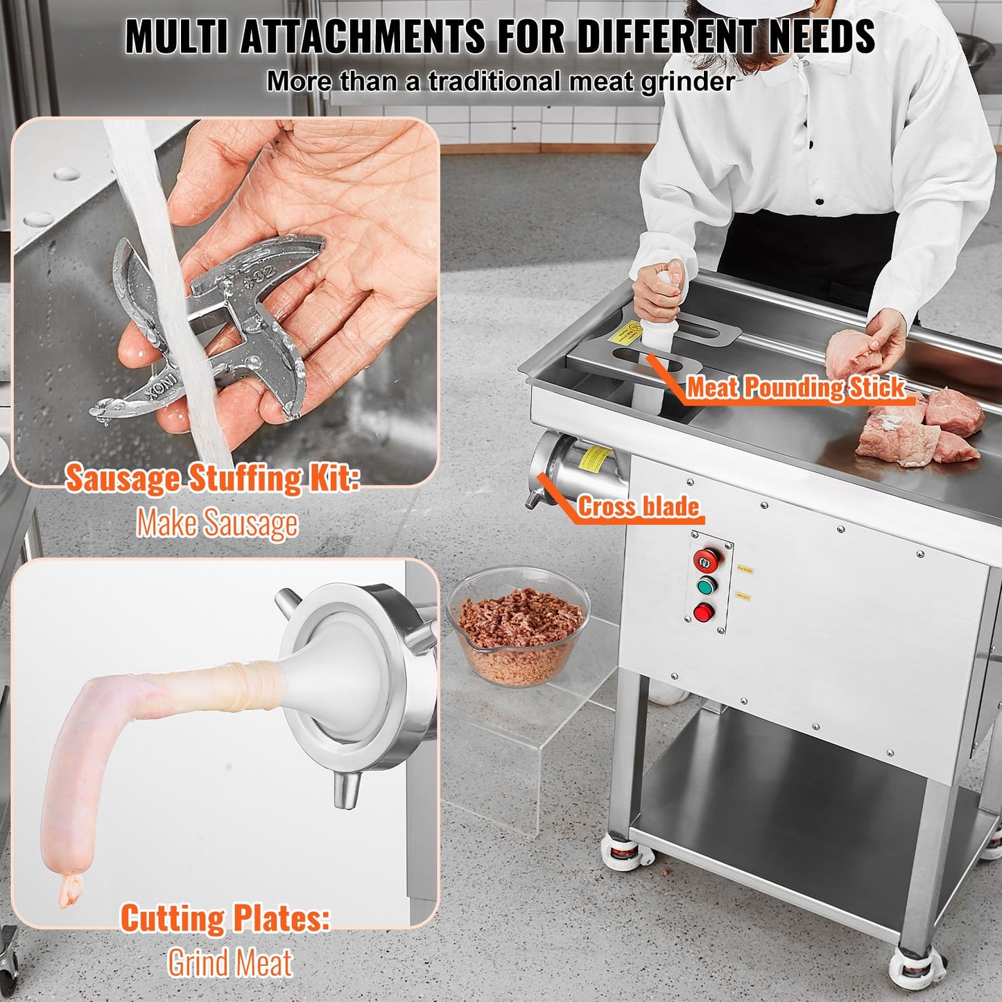 VEVOR Commercial Electric Meat Grinder, 22 Lb/Min Cabinet Meat Grinder, 2200W Industrial Grinder with Blade, Grinding Plate, Sausage Maker, Stainless Steel Meat Mincer Machine for Kitchen, Restaurant