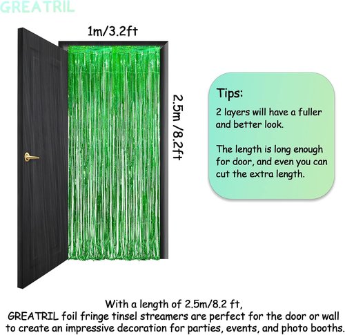 GREATRIL Green Tinsel Curtain Backdrop - Foil Fringe Streamers for Festive Decorations | 2 Packs