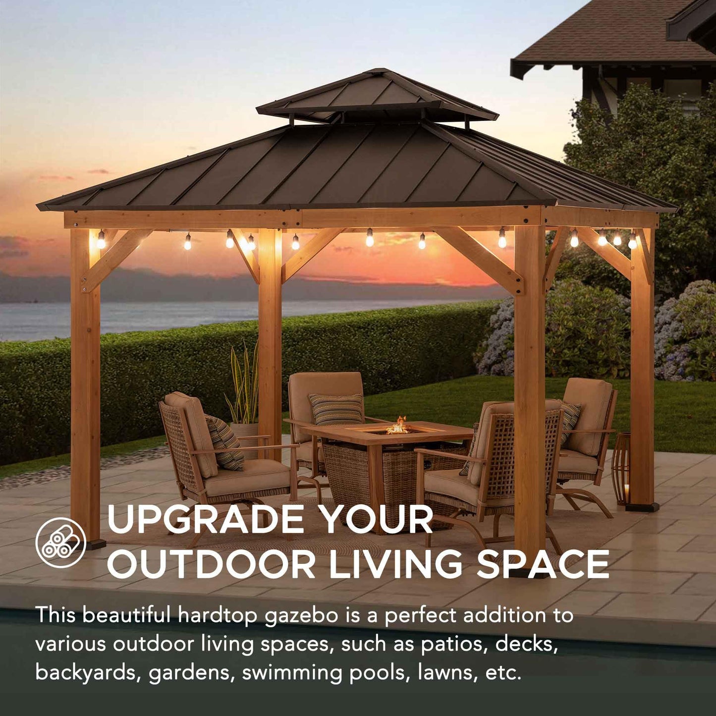 SUNJOY 11 x 11 ft. Wood Gazebo Standard Cedar Framed Gazebos with Black Double Steel Hardtop Roof for Garden, Backyard Shade, Matte Black Roof + Natural Wood Frame