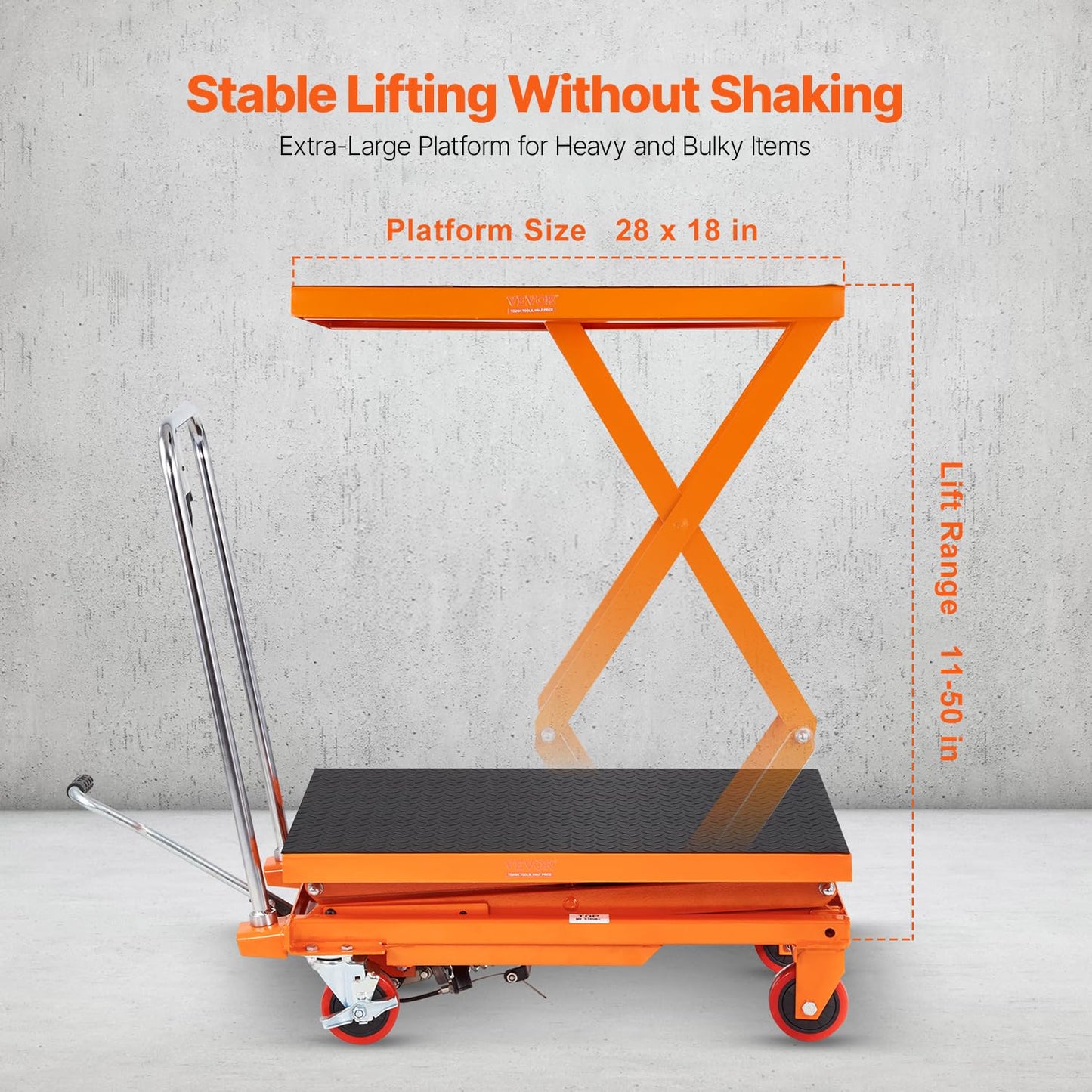 VEVOR Hydraulic Lift Table Cart, 330 lbs Load Capacity, 50-Inch Lifting Height, Manual Single Scissor Lift Table with Non-Slip Pad and 4 Wheels, Orange, Alloy Steel