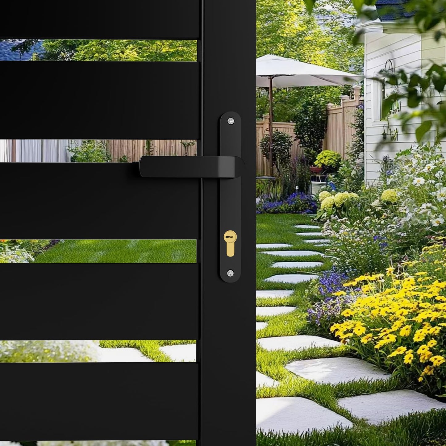 Mondaria Aluminum Double Fence Gate, 6FT H x 10FT W Outdoor Driveway Privacy Gate with Heavy Duty Metal Frame, Rustproof Powder-Coated Gate with Lockable Handle Kit, Horizontal Slat (Without Post)