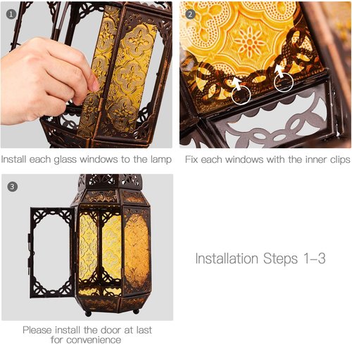 Lewondr Metal Glass Ramadan Candle Lantern - Moroccan Style Hanging Lamp for Home & Garden | Copper & Yellow