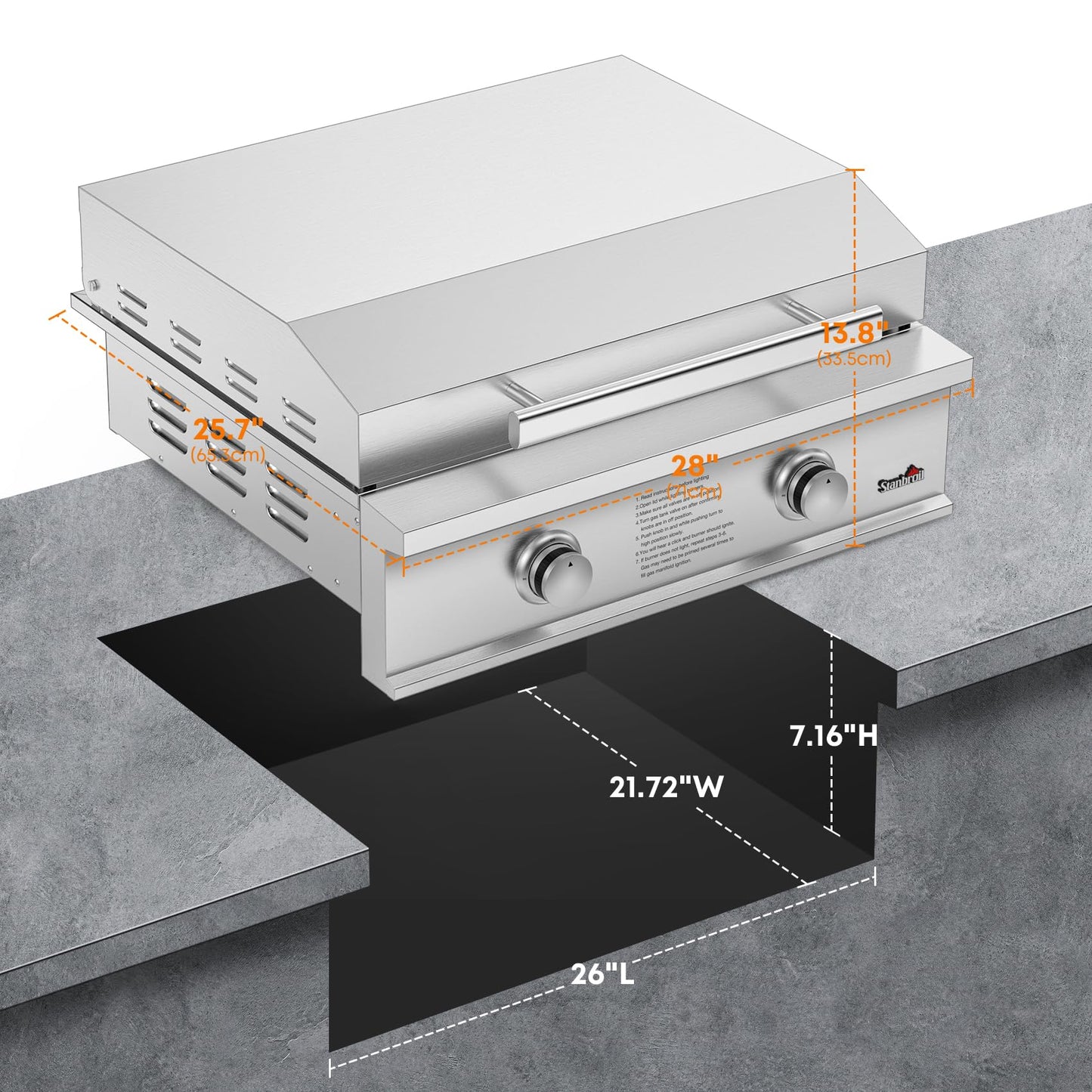 Stanbroil 28-Inch Premium Built-In Natural Gas Griddle for Outdoor Kitchen Grill, Durable Stainless Steel 2-Burner Flat Top Grill with Lid for BBQ Island, 34,000 BTUs