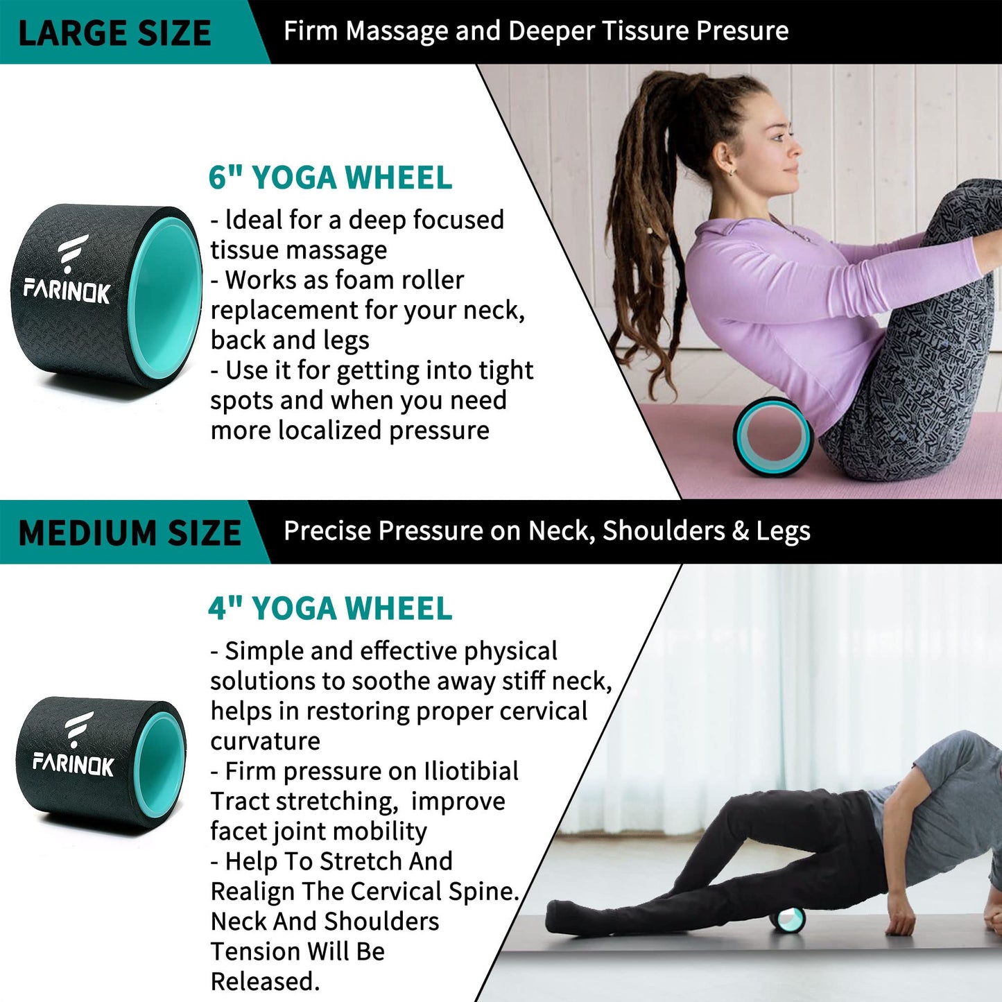 Yoga Wheel Set of 3+1, Upgraded 10MM Thick Back Wheels for Pain Relief & Stretching, Strongest Back Roller for Deep Tissue Massage, Improving Yoga Poses Backbend