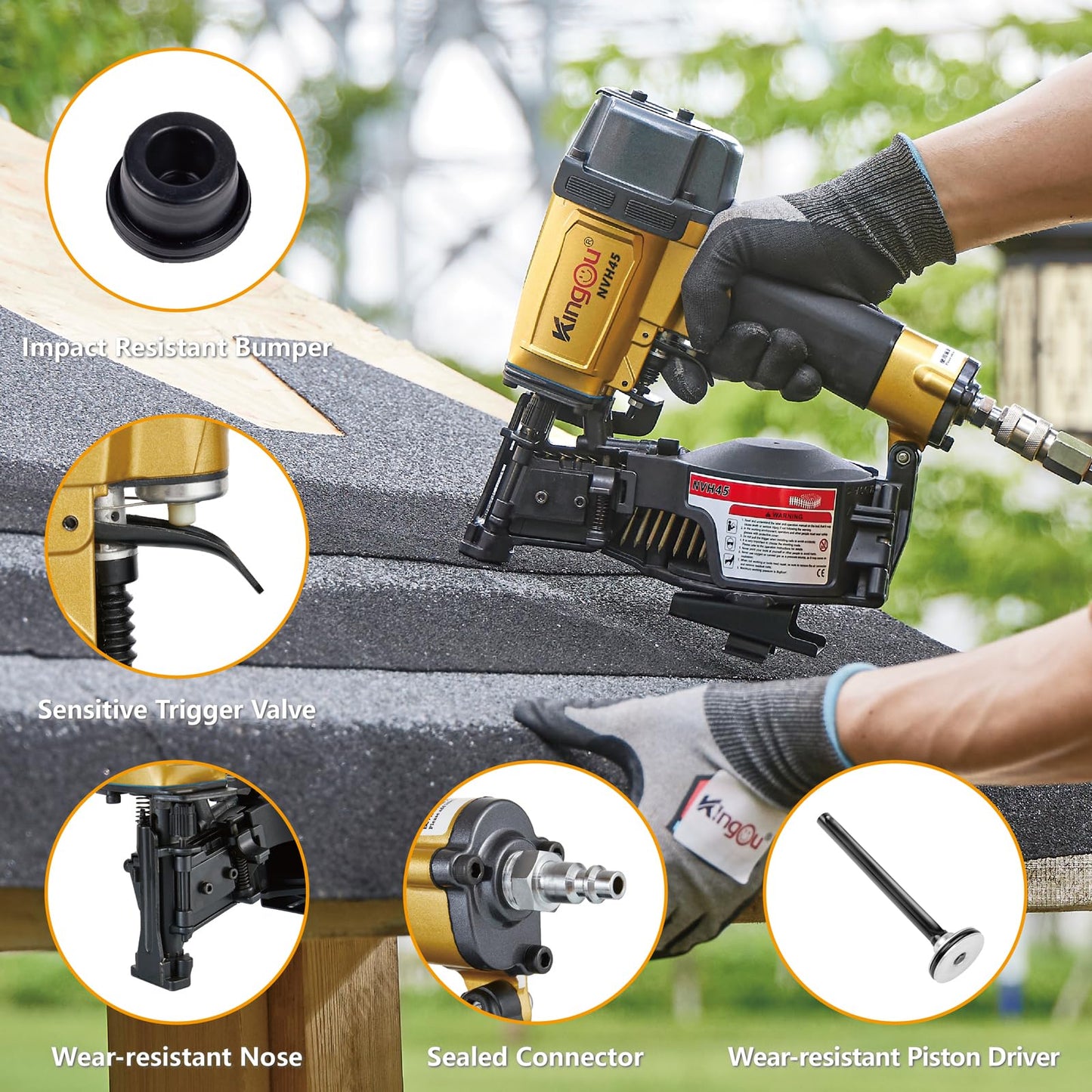 Kingou NVH45 Roofing Nailer Gun For Roofing Constructions Accepts 7/8-Inch to 1-3/4-Inch Nails 15 Degree With 3/8 NPT Air Connector 120-pcs Load Capacity Roofing Nailer
