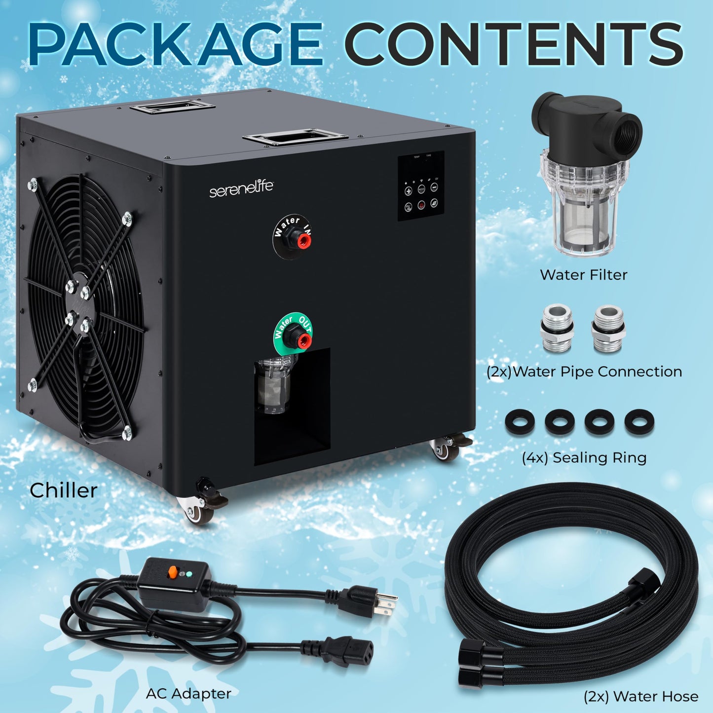 SereneLife Cold Plunge Chiller System - 1/2 HP 2290w, 132 Gal Max Volume Ice Bath Water Chiller with Quiet Design Cooling Refrigeration Compressor, 19" L x 15" W x 18" H