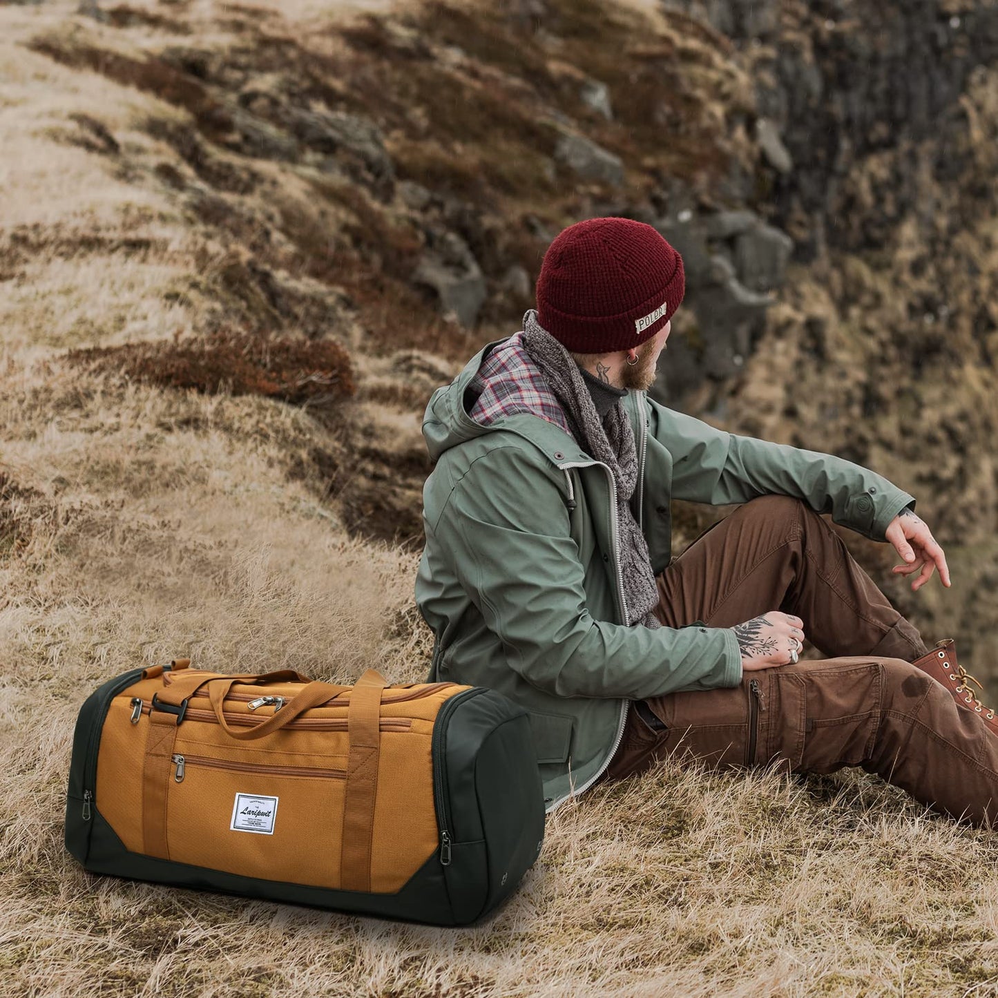 Laripwit Travel Duffle Bag for men 40L Medium Sports Gym Bag with Wet Pocket & Shoes Compartment Weekender Overnight Backpack for Traveling Duffel Bag Backpack for Women, Khaki