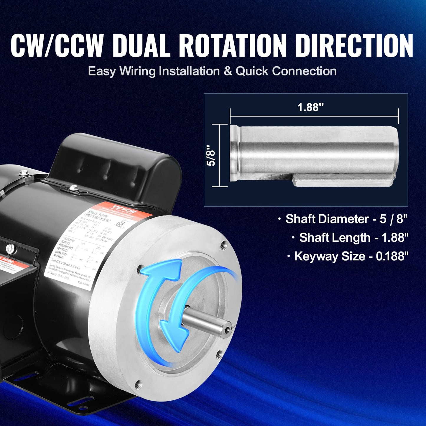 VEVOR 1HP Electric Motor 3450 RPM, AC 115V/230V, 56C Frame, Air Compressor Motor Single Phase, 5/8" Keyed Shaft, CW/CCW Rotation for Agricultural Machinery and General Equipment