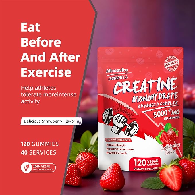 Creatine Monohydrate Gummies Complex for Men & Women,5 Gram per Serving Electrolyte Creatine Gummy for Muscle Strength, Muscle Builder, Energy Boost, Pre-Workout Supplement-120 Strawberry Gummies