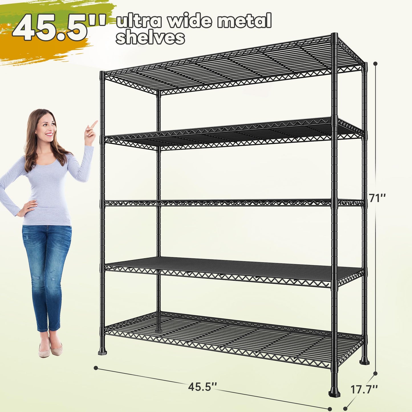 REIBII 45.5''W Storage Shelves Wire Shelving, 5 Tier Pantry Shelves for Storage Rack, Adjustable Metal Shelving for Pantry Kitchen Steel Shelving, 45.5" W x 71" H x 17.7" D