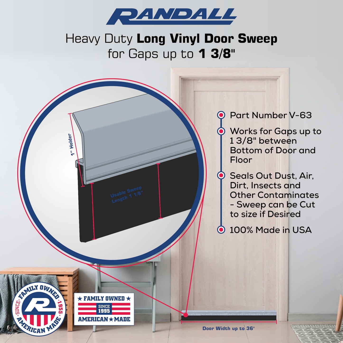 Randall Manufacturing V-63-GB - All-Season Door Sweep, Heavy Duty Aluminum, Ideal for Residential & Commercial Use, Easy Installation with Heavy Rubber Seal, Ensure Comfort and Security (36 Inches)