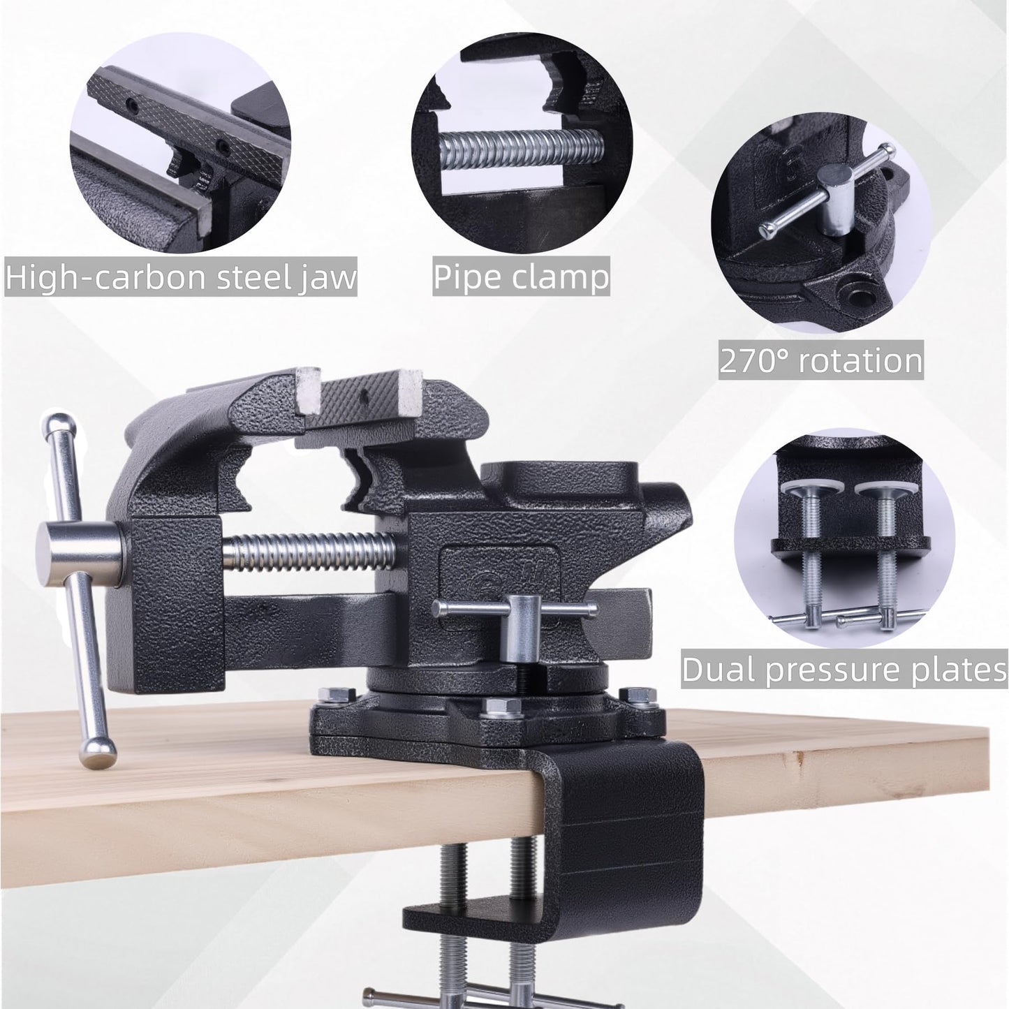 Bench Vise, 6" Jaw Width, Table Vise For Workbench,2-in-1 Multi-Purpose Heavy Duty Bench Vice With Two Multifunctional Jaws, 270° Swivel Base Home Vise for Woodworking, Welding and DIY