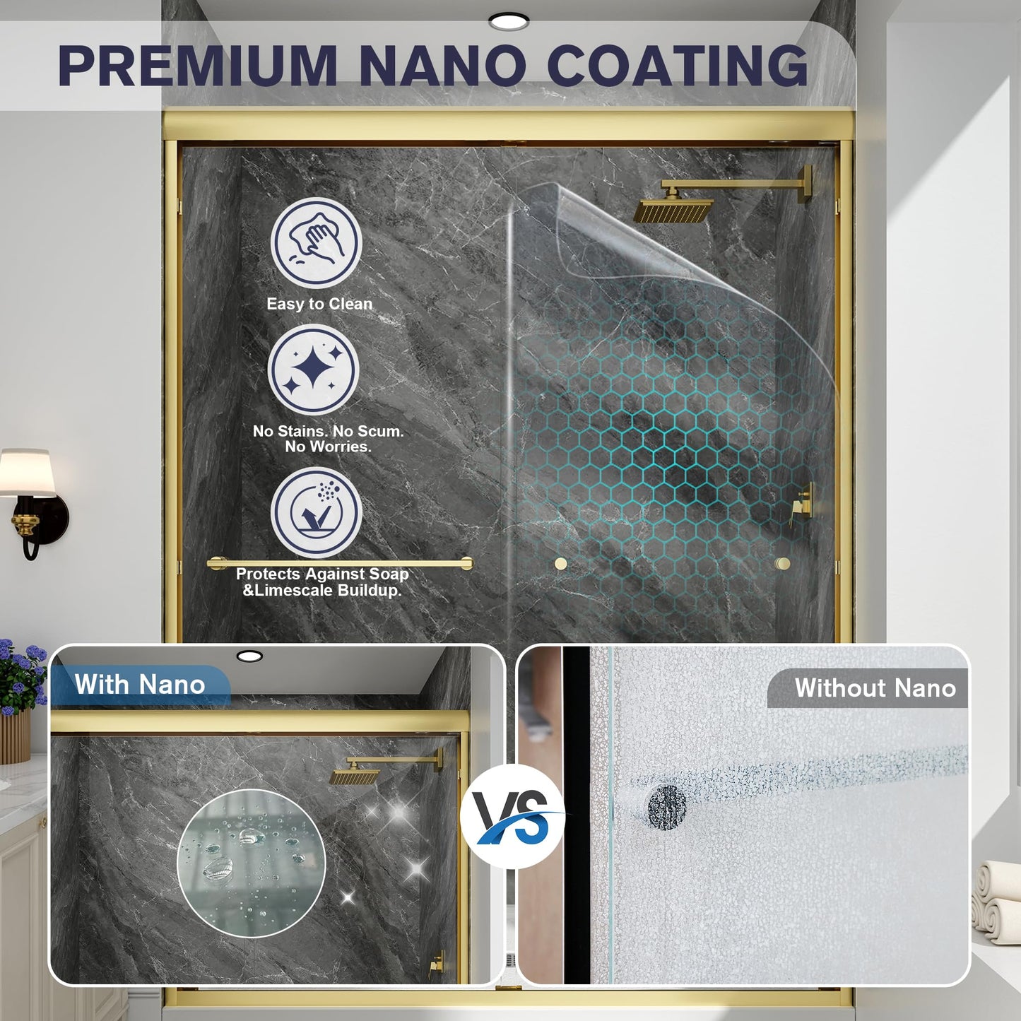EASYWORC Double Sliding Shower Door, 55"-60" W x 70" H Semi-Frameless Glass Shower Door, 1/4'' (6mm) Clear SGCC Tempered Glass with Explosion-Proof Film and Nano Coating, Brushed Gold