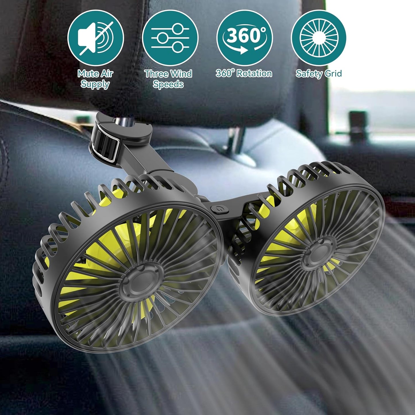 360 3 Wowok Car Fan for Rear Seat Passenger Dual Head USB Car Seat Fan for Backseat Kids, Rotatable Speeds Air