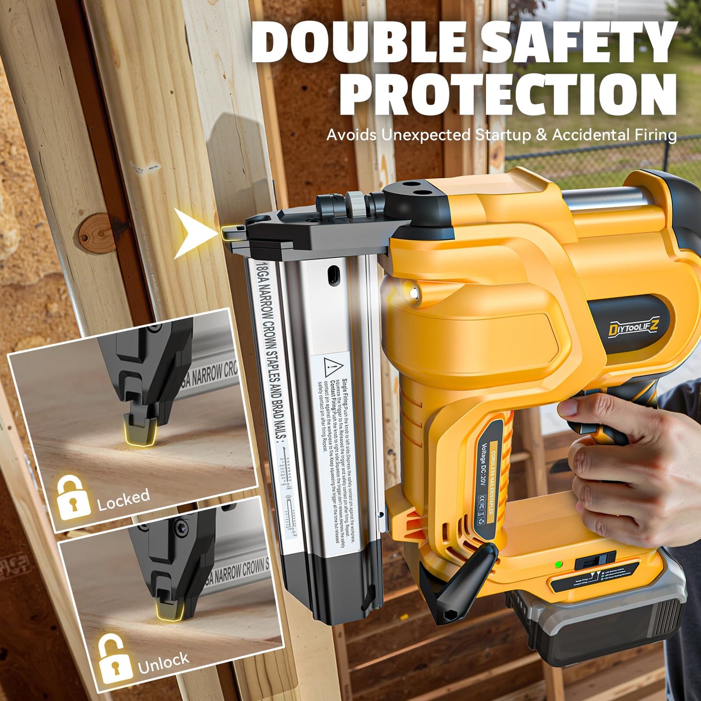 DIYtoolifz 18GA Cordless 2" Brad Nailer Compatible with DeWalt 20V (Tool Only), 2-in-1 Nail & Staple Gun, Tool-Free Jam, Adjustable Depth, 2 Modes with 400 Nails/Staples for Woodworking,Trim,Carpentry