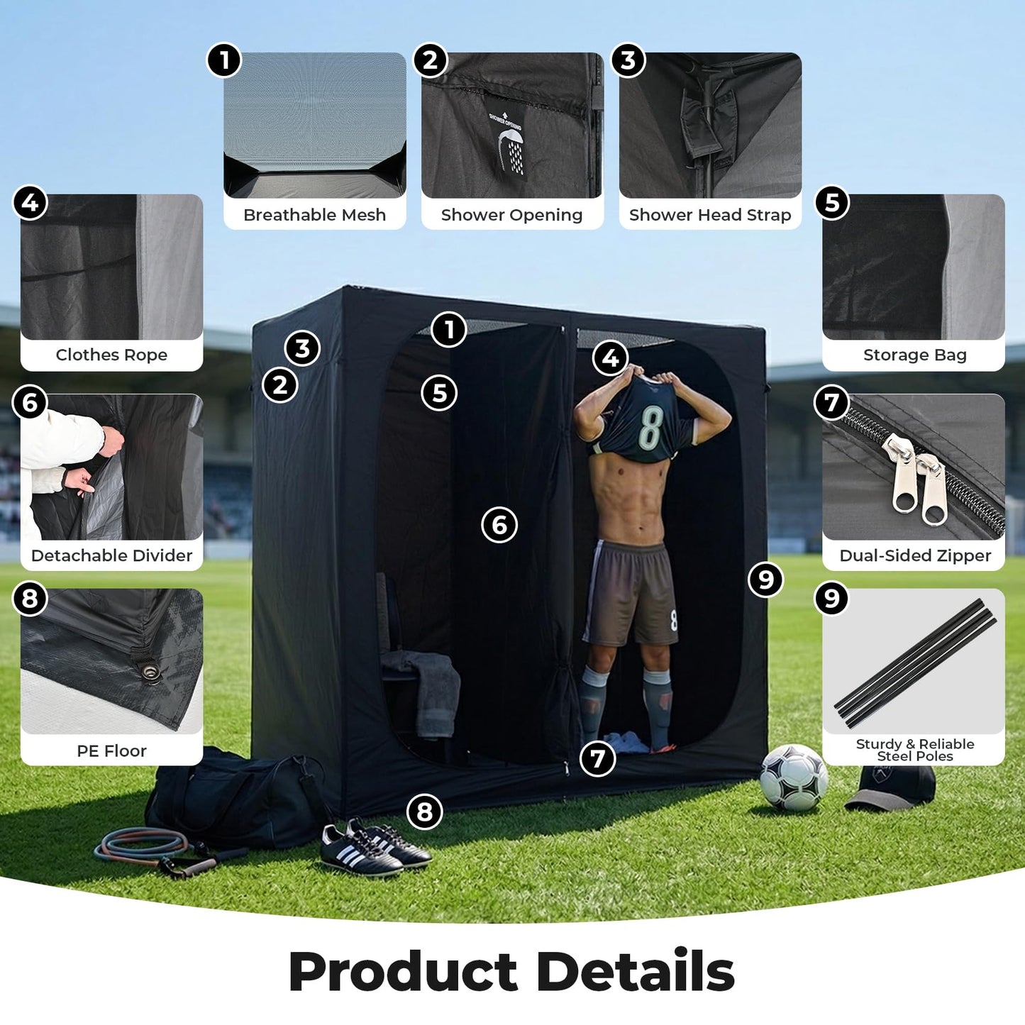 EighteenTek® Shower Tent, 2-Room Changing Room, Outdoor Shower Enclosure Spacious, Privacy Canopy Shelter with Floor & Doors, Stable & Durable, Toilet Tent Bathroom for Courtyard, Pool, Photoshoot