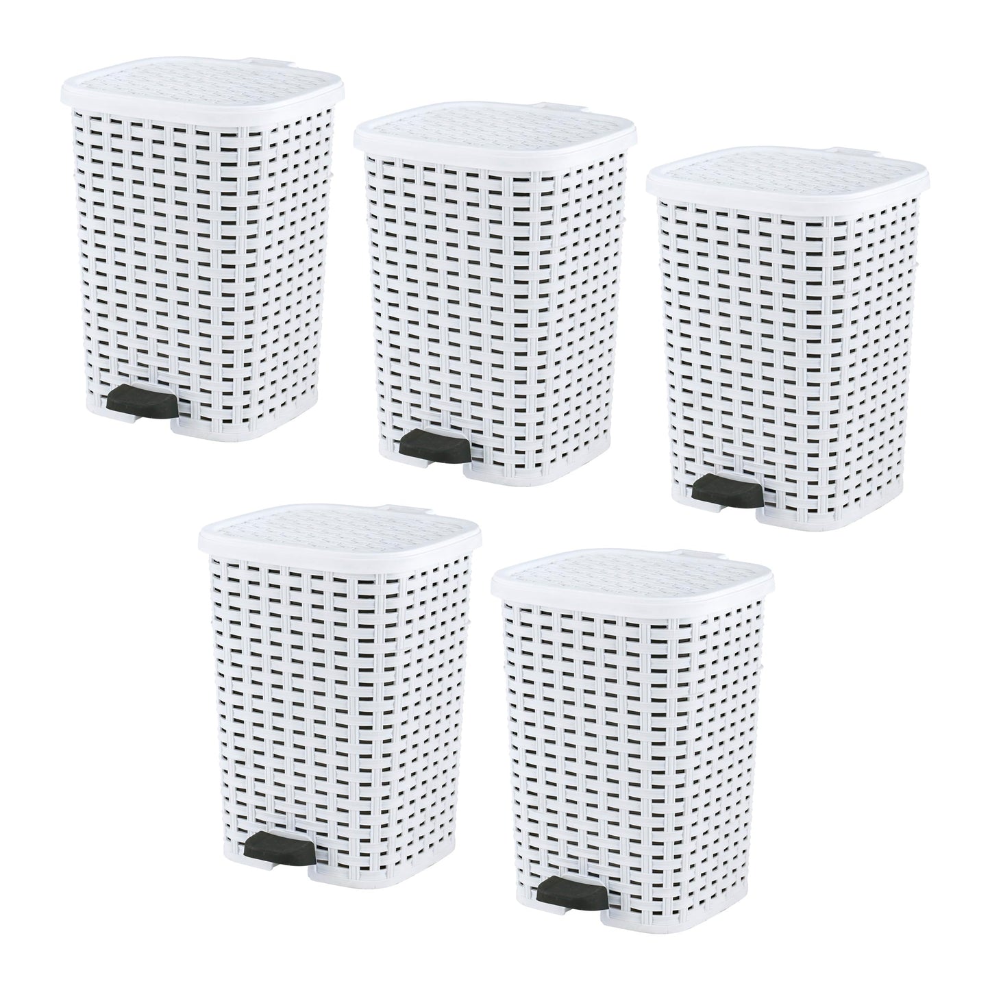 Superio Small Outdoor Trash Can with Lid for Dog Poop 3 Gallon/12 L Mini Plastic Garbage Can with Foot Pedal for Bathroom, Bedroom, Office, Patio, Wicker White, 5 Pack