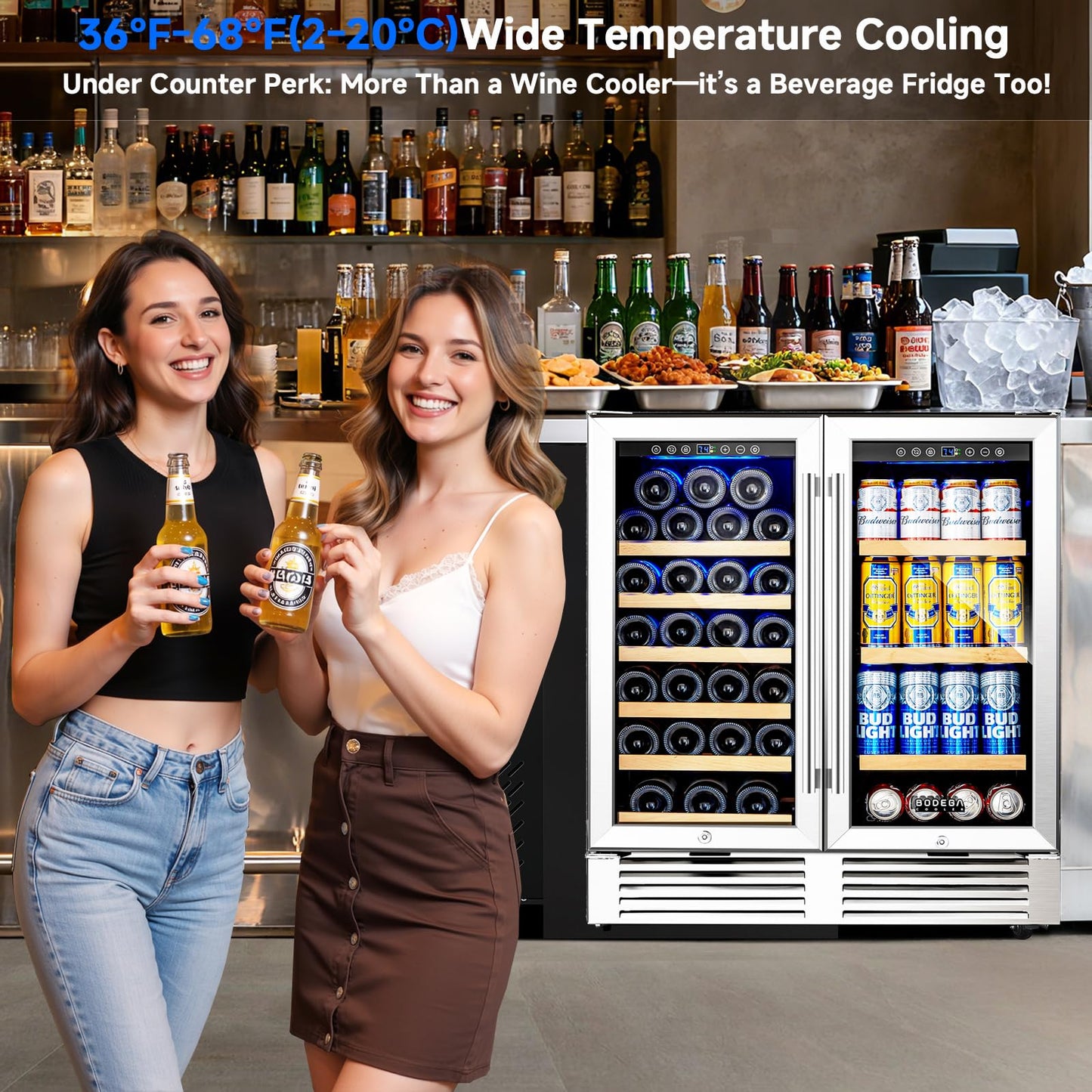 BODEGACOOLER Wine and Beverage Refrigerator,30 Inch Under Counter Commercial Beverage Refrigerator, Large Capacity Back Bar Cooler With 2 Glass Doors,LED Lighting Display Beer Wine Soda Drinks.