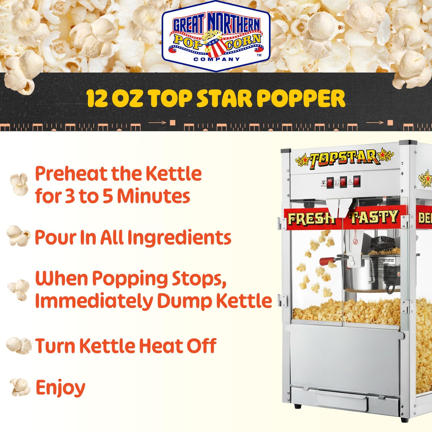 Top Star Popcorn Machine - 12oz Stainless-Steel Kettle, Reject Kernel Tray, Warming Light, and Accessories by Great Northern Popcorn (Red and Yellow)