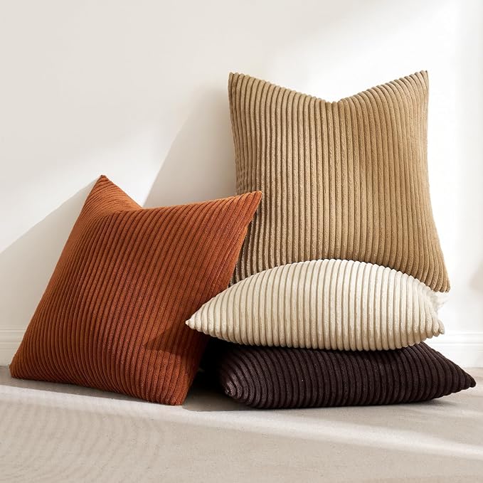 MIULEE Boho Farmhouse Throw Pillow Covers 20x20 Inch Set of 4 Rustic Mordern Neutral Cushion Covers Soft Corduroy Nordic Home Decor for Couch Bed Sofa Living Room Chocolate Brown/Rust