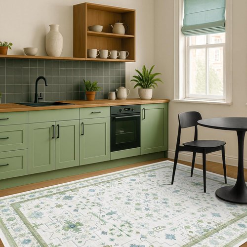 Hazo Haus Cream Oushak 7x9 Area Rug - Boho Floral Design in Cool Blue & Green, Washable Non-Slip