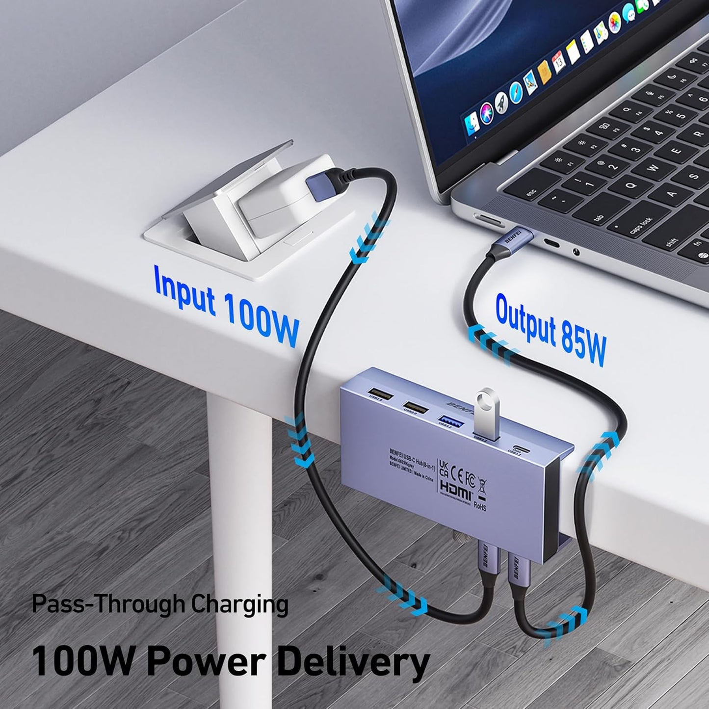 BENFEI 8-in-1 4K@60Hz 100W 10Gbps 1x 2 3.2, 2 2.0 S23, XPS17 USB C Hub with Secure Clamp Features HDMI, Gigabit