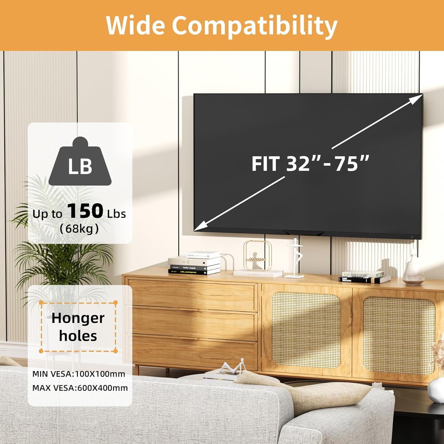 KAMIWI 3275 Inch 600x400mm 150 lbs, Studless TV Wall Mount for TVs, No Drill Drywall TV Mount, Max VESA up to No