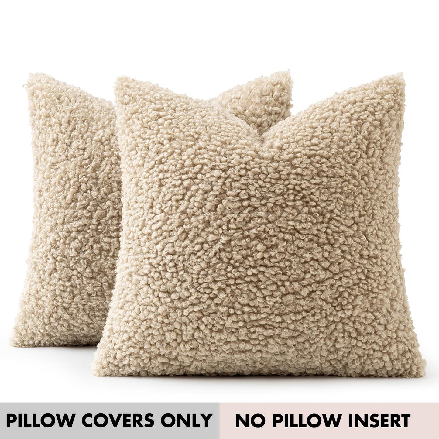Woaboy Faux Fur Throw Pillow Covers 20x20 Inch Set of 2 Boucle Neutral Decorative Sherpa Fuzzy Accent Soft Sheepskin Fleece Cushions Modern Home Decor for Couch Sofa Bedroom Living Room,Oatmeal